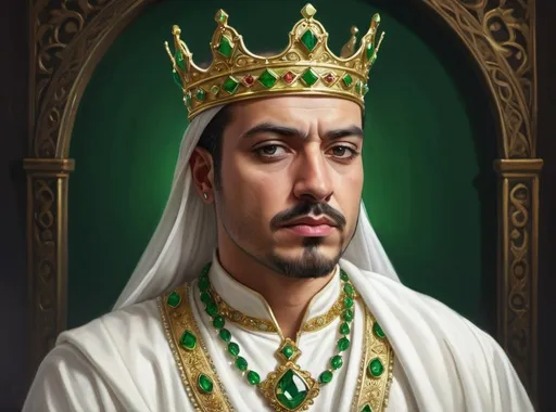 Prompt: a painting of a man wearing a crown and a green jeweled necklace and a white robe and gold trim, Altoon Sultan, serial art, highly detailed digital painting, a digital painting