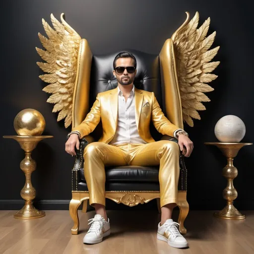 Prompt: Create realistic picture where a An elegant man  in a Golden shirt suit casually on a Wingback Chair. Wearing sneakers and sunglasses, he is looks ahead. The background features "هنا اسمك" in big and capital 3D gold texture fonts on the black wall and YouTube home page with a profile photo