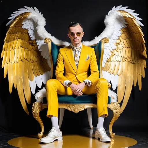 Prompt: a man in a gold suit sitting on a black chair with wings on it's legs and a pair of white shoes, Artur Grottger, maximalism, hypermaximalist, a character portrait