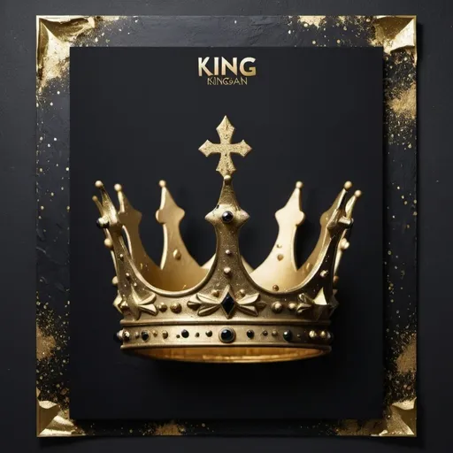 Prompt: a gold crown on top of a black wall with gold flakes around it and the word king on it, Dong Kingman, sots art, key art, a poster