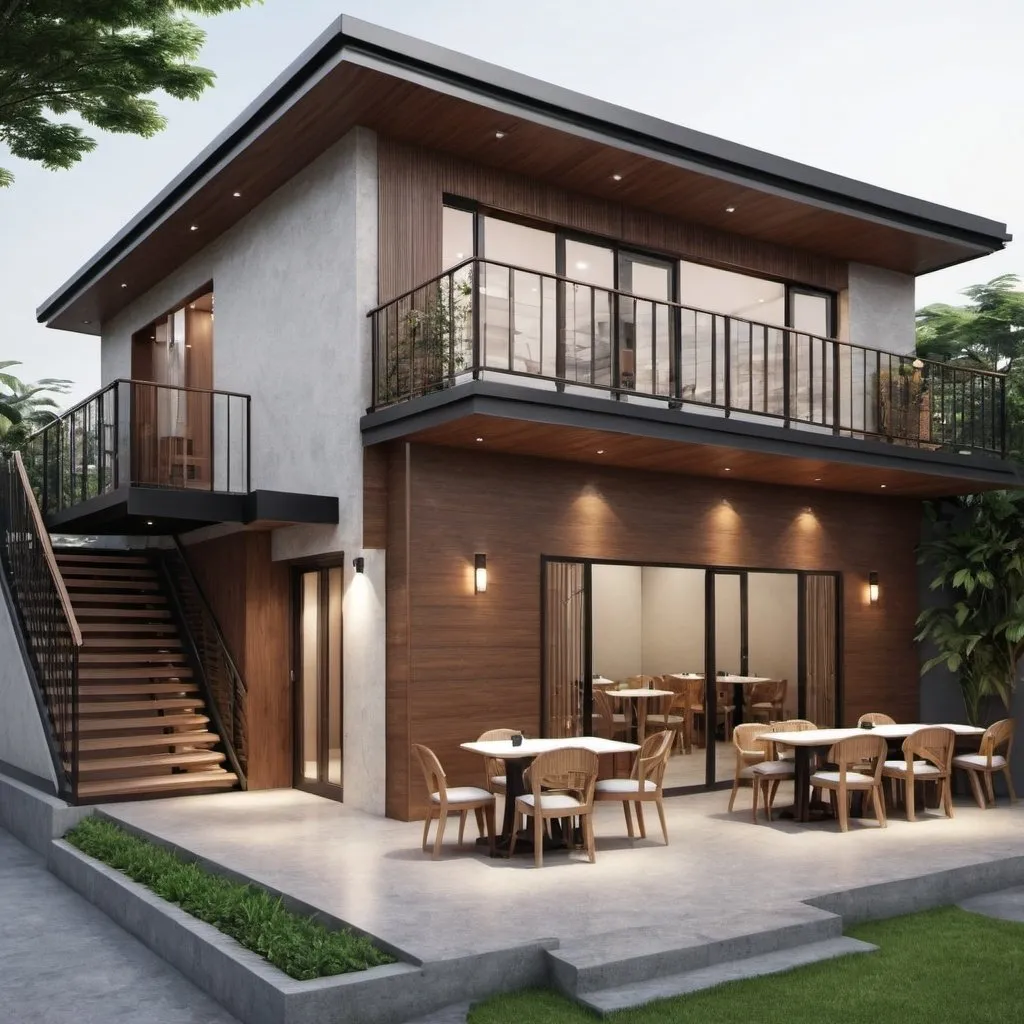 Prompt: TWO STOREY BUILDING EXTERIOR SPA & INDOOR /OTDOOR COFFEE SHOP WITH OUTDOOR STAIR