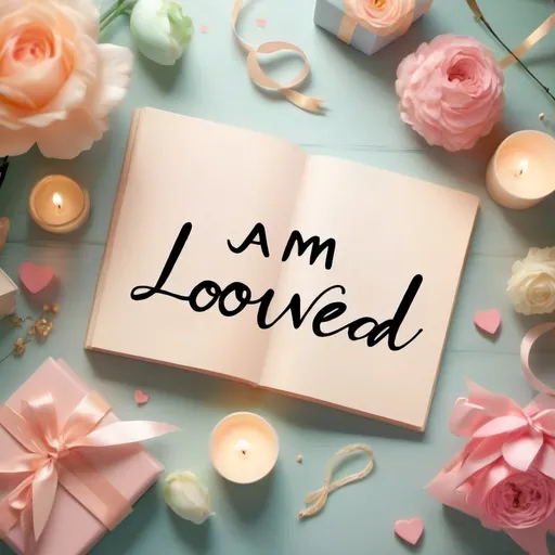 Prompt: (accurately spelled text "I AM LOVED"), heartfelt message, warm tones, (gentle light) illuminating the text, elegant typography, artistic background, soft pastel colors, romantic atmosphere, cozy ambiance, celebratory elements, meaningful decorations, memorable birthday theme, high-quality design, inviting and emotional feel, suitable for a keepsake book, 4K quality.