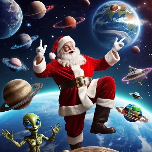 Prompt: Santa Claus celebrating Christmas with the aliens. At the background you can see earth moon and other planets and flying spaceships