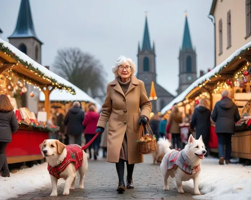 Prompt: An elderly dressed up lady walking through the Christmas market with 2 funny dogs in coat, at the background there is an old church