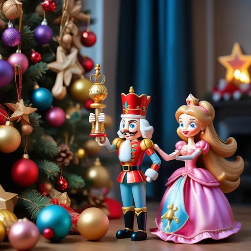 Prompt: New Year's tree generously decorated with toys, which burn and shimmer with different colors. The mood is festive. In the foreground hangs a toy of the nut cracker with a toy of the beautiful princess, the nut cracker shows his love and passion to the princess.