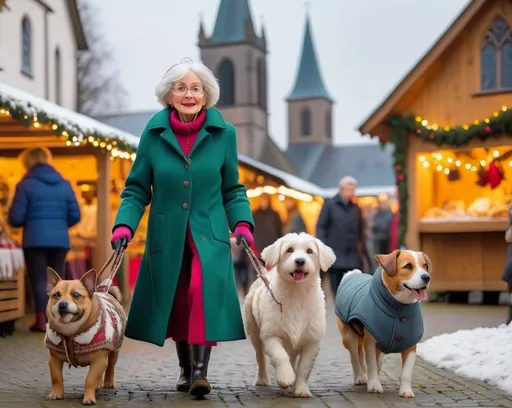 Prompt: An elderly dressed up lady walking through the Christmas market with 2 funny dogs in coat, at the background there is an old church