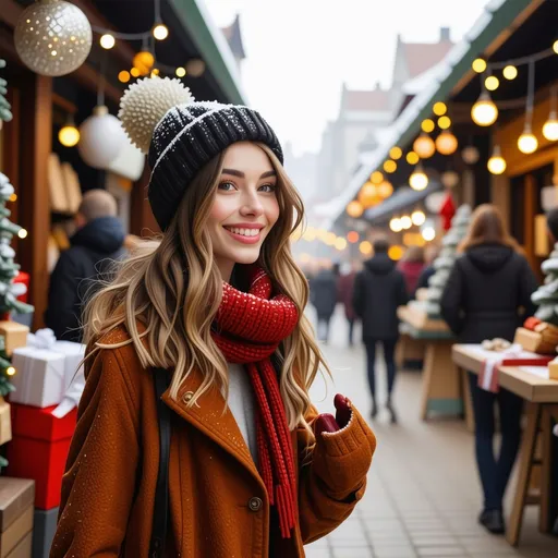 Prompt: beautiful lady walking through Cristmas market looking for a present gift for her friend. She is exited happy and looking forward to new adventures