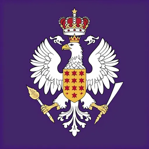 Prompt: Design a flag for a winter country govern by a King. The color should be lavender purple, white and gold.