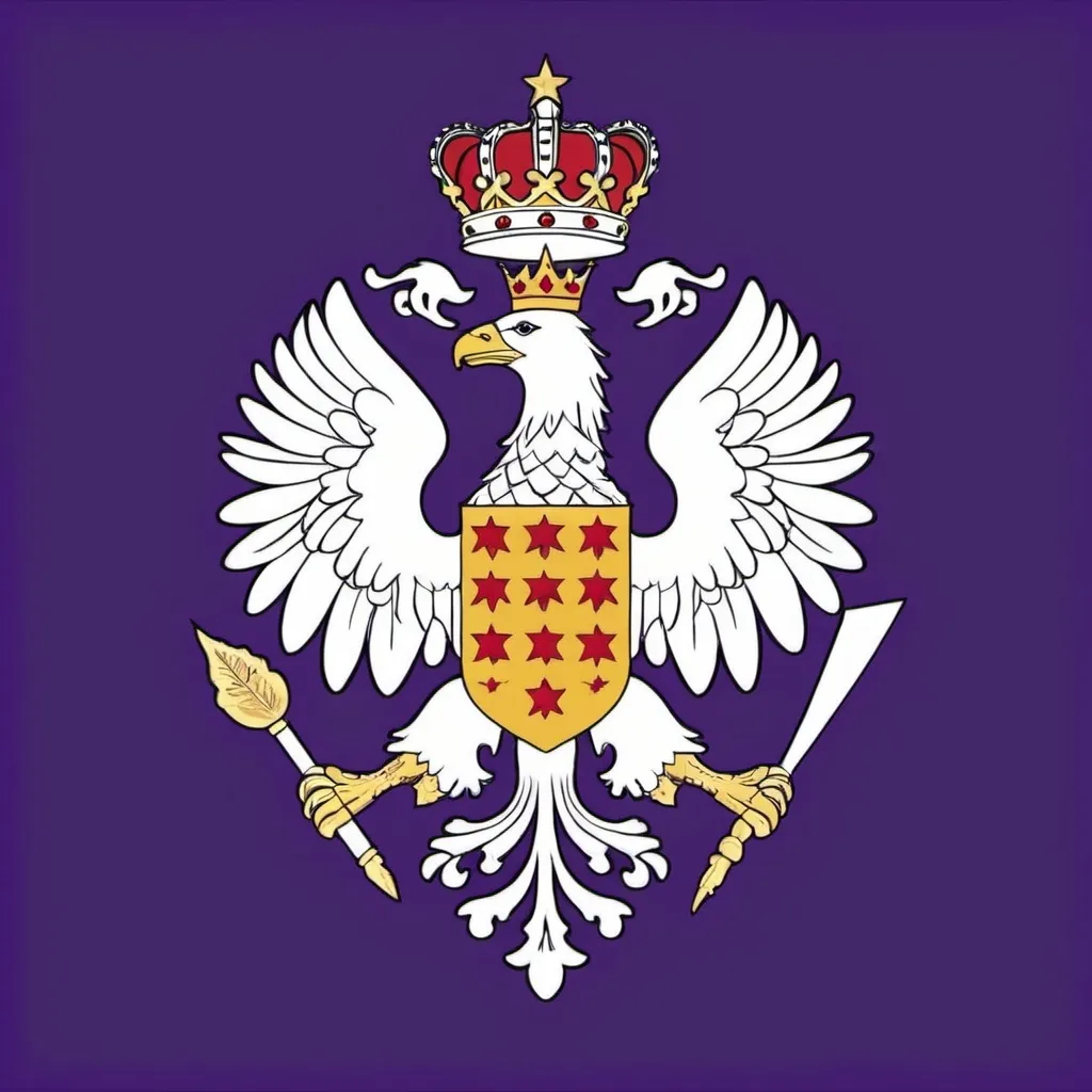 Prompt: Design a flag for a winter country govern by a King. The color should be lavender purple, white and gold.