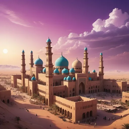 Prompt: a vibrant, bustling metropolis situated in a desert landscape, blending various elements of Middle Eastern, South Asian, and North African cultures. With a big palace ad purple sky.