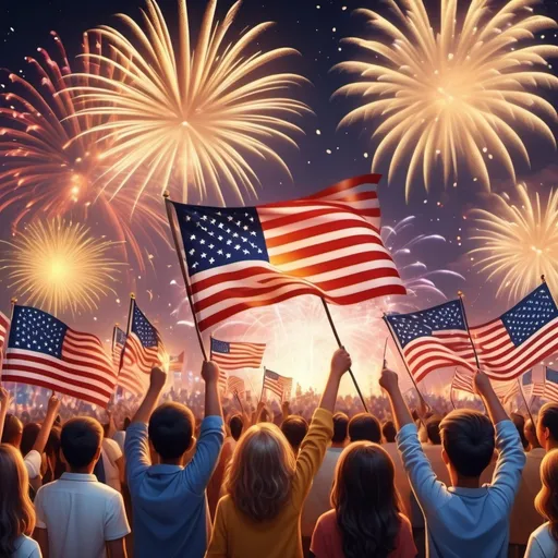 Prompt: (vibrant Independence Day scene), fireworks illuminating the night sky, an array of colorful decorations, festive atmosphere, celebration of freedom, people joyfully gathering, holding flags, warm and inviting golden tones, detailed background with landmarks, (4K, ultra-detailed), emotional ambiance of patriotism and unity.