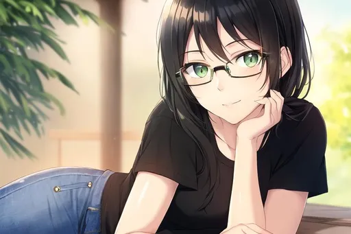 Prompt: shy woman, green eyes, warm-toned skin, natural lighting, natural expression, black hair, warm skin tone, siting pose, black tshirt, dark blue jeans, barefoot, wearing glasses