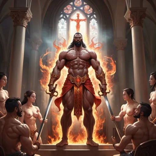 Prompt: muscular avatar of god with a fiery sword lecturing to his followers in a heavenly church, with windows with demonic art on them, he is surrounding by his female only body guards.