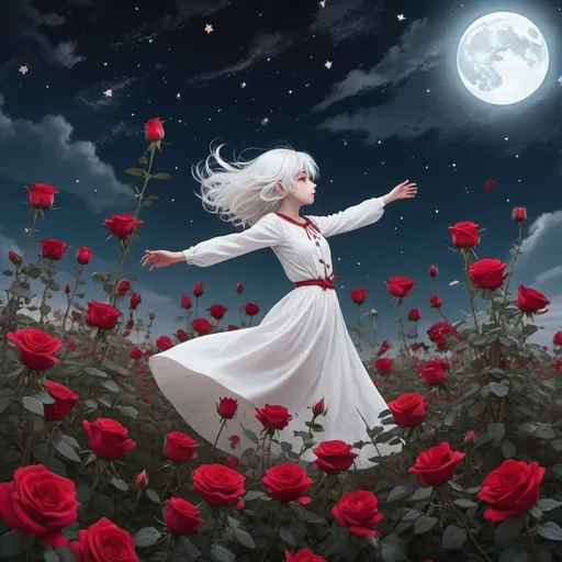 Prompt: A girl with white silky silver hair and Red ruby eyes in the Field of red roses with the stars and moonlight she's levitating in the air trying to reach the aviating trying to reach the stars,Anime style, Aesthetic, Fantasy'