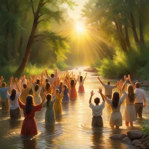 Prompt: (light) Christian men, women, and children with many people with raised hands, entering a moving, flowing river, ethereal atmosphere, warm golden glow in the distance, (joyful expressions), detailed water reflections, serene landscape, lush greenery surrounding the river, soft light cascading through trees, vibrant colors, (high definition), uplifting and inspirational scene, inviting sense of peace and unity.