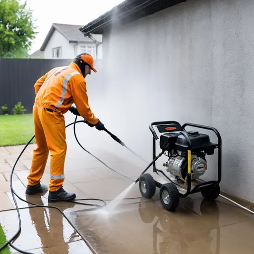 Prompt: a man wearing professional reflective outfit is cleaning house wall using pressure washer and while pressure washer is standing on the ground next to him