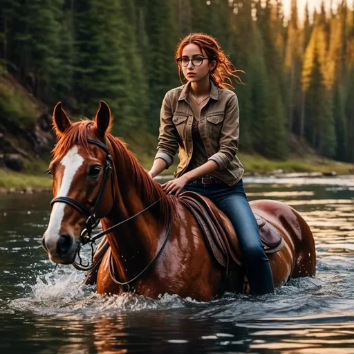 Prompt: <mymodel>(Masterpiece) Ultra_Photorealistic, 8K, best quality, detailed face, professional photo, sunset, red glasses, She is riding a horse without saddle in a  deep lake, for fun, the horse is up to its neck in water, she is up to her tighs in water, her jeans are soaking wet and glistening with moisture. cropped horse, full body shot, She is happy, she is smiling, photorealistic