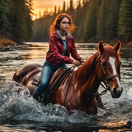 Prompt: <mymodel>(Masterpiece) Ultra_Photorealistic, 8K, best quality, detailed face, professional photo, sunset, red glasses, She is riding a horse without saddle in a  deep lake, for fun, the horse is up to its neck in water, she is up to her tighs in water, her jeans are soaking wet and glistening with moisture. cropped horse, full body shot, She is happy, she is smiling, photorealistic