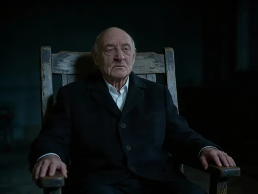 Prompt: Camera takes cinematic shots of this man in img 1 sitting in an old wooden weathered chair in a dark setting 
The room is darkened with fear  and he’s telling a story
Lighting is cinematic for movie intro narration 