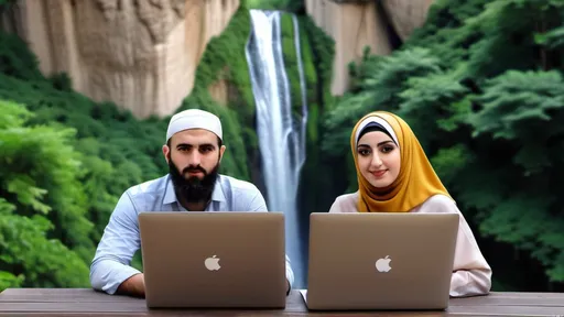 Prompt: One Hijab woman and one handsome man without Hijab and without beard they look at the camera standing next to a laptop computer on a desk in front of a forest jungle view of Iran, and we can see  Mazandaran waterfall of iranian people at the picture  professional photo, a rough photo