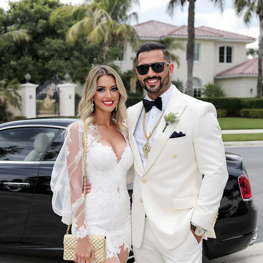 Prompt: एक इमेज बनाओ जिसमें एक करोड़पति आदमी खड़ा है और उसकी वाइफ उसके साथ खड़ी और उसके बैकग्राउंड में एक लग्जरी कर और मकान है 