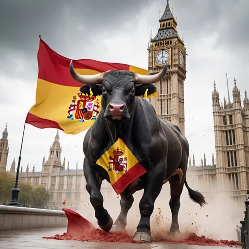 Prompt: A big spanish bull with the spanish flag in his back destroying Big Ben and it falling down 