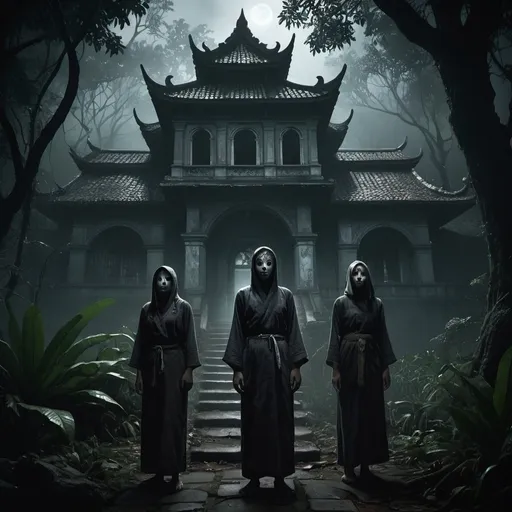 Prompt: Concept Image for "Until the Sunrise"
Title: Until the Sunrise

Visual Theme:

The game blends Southeast Asian folklore with modern horror elements, so the image should reflect a dark, eerie atmosphere.
The setting is a dense, mystical rainforest with an old temple in the background, half-covered by fog and vines.
Foreground:

Four diverse characters (survivors) dressed in culturally inspired outfits from Southeast Asia, looking tense and alert. They carry rudimentary weapons or mystical talismans.
A spectral figure (the ghost) lurking in the shadows, barely visible, with glowing eyes and a sinister presence.
Background:

A mix of real haunted locations like the Old Changi Hospital, 99-Door Mansion, and Lawang Sewu, merged into a single ominous setting.
The environment is dark and misty with an overgrown, haunted vibe. Creepy elements like ghostly apparitions, ancient artifacts, and eerie lighting should be subtly integrated.
Lighting:

Dim, with a focus on moonlight piercing through the trees, casting long shadows and highlighting the fear on the characters' faces.
Subtle glow from mystical elements like talismans and holy water in the characters’ hands.
Details:

Add elements from SEA folklore, like mystical runes, ancient statues, and supernatural creatures peering from the darkness.
Incorporate environmental hazards like fog and swamps, enhancing the sense of danger and mystery.
Overall Mood:

Dark, suspenseful, and mysterious, conveying the game's blend of horror, survival, and cultural folklore.