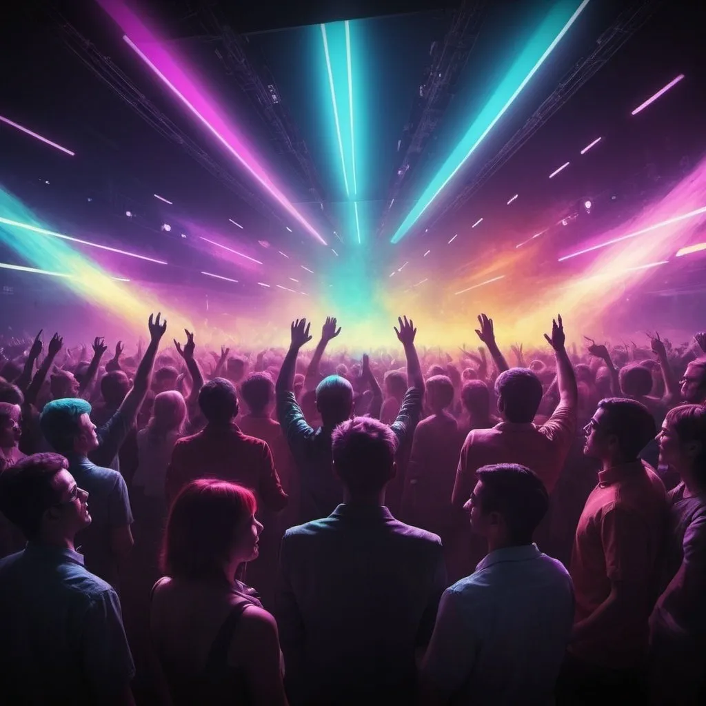 Prompt: Generate futuristic picture of people at a show. The scene should capture the energy and excitement of the moment. 
Colorful but a little dark