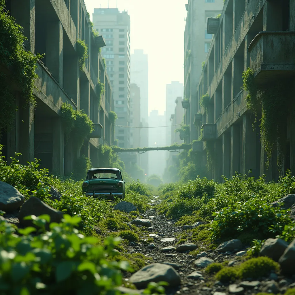 Prompt: (masterpiece), (extremely intricate:1.3), (realistic), bright lighting, (bright green aesthetic:1.3),  (moss style:1), sharp focus, dramatic, award winning, cinematic lighting, octane render unreal engine, plants in foreground, from behind, real world location, abandoned vehicles are littered throughout the area, the city is in ruins and rubble is present throughout.It has long been overgrown by moss and plants. The city has become verdant with plant life.