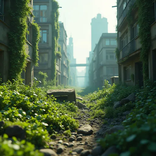 Prompt: (masterpiece), (extremely intricate:1.3), (realistic), bright lighting, (bright green aesthetic:1.3),  (moss style:1), sharp focus, dramatic, award winning, cinematic lighting, octane render unreal engine, plants in foreground, from behind, real world location, abandoned vehicles are littered throughout the area, the city is in ruins and rubble is present throughout.It has long been overgrown by moss and plants. The city has become verdant with plant life.