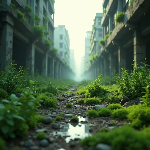 Prompt: (masterpiece), (extremely intricate:1.3), (realistic), bright lighting, (bright green aesthetic:1.3),  (moss style:1), sharp focus, dramatic, award winning, cinematic lighting, octane render unreal engine, plants in foreground, from behind, real world location, abandoned vehicles are littered throughout the area, the city is in ruins and rubble is present throughout.It has long been overgrown by moss and plants. The city has become verdant with plant life.