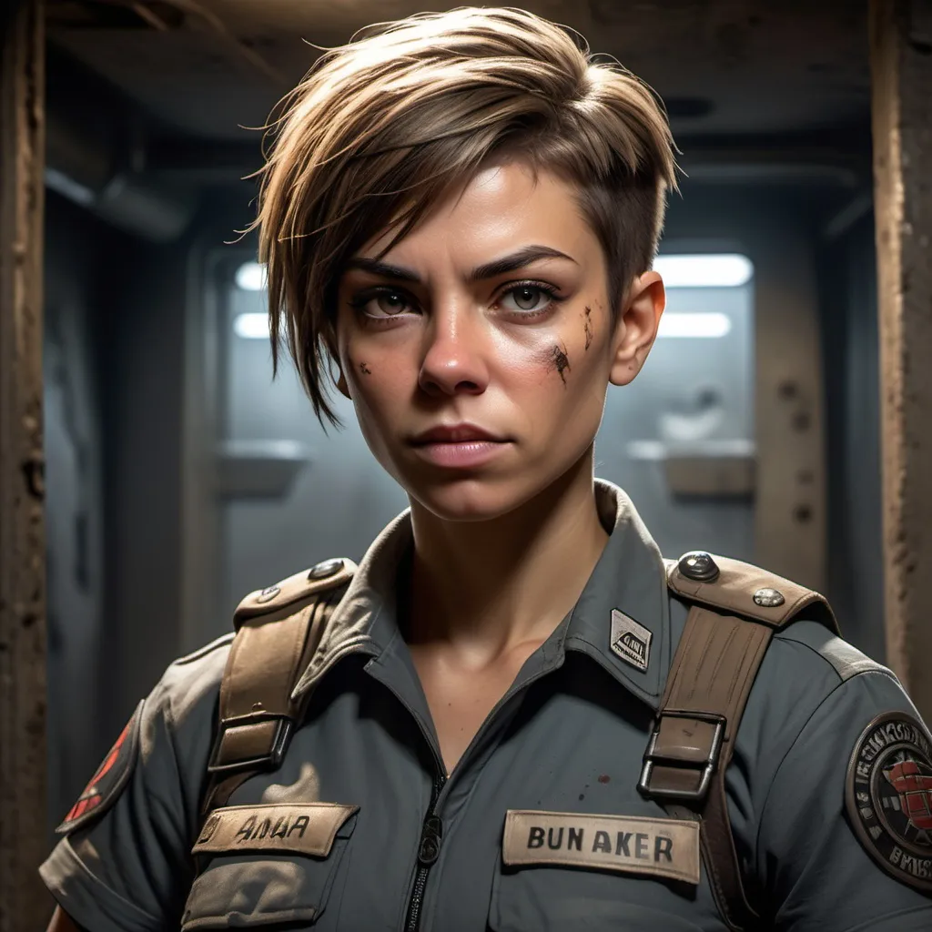 Prompt: A detailed character portrait of a buff female human guard in a post-apocalyptic bunker setting. She has a muscular, rugged appearance with short-cropped hair and wears a worn security uniform. Her ID badge is clearly visible and displays 'Guard: Ana Clockwork, Safe Haven Bunker'. She has a confident, tough expression, showcasing her physical strength and determination. The background is an industrial bunker environment with dim lighting and metal walls, fitting a gritty and realistic aesthetic.