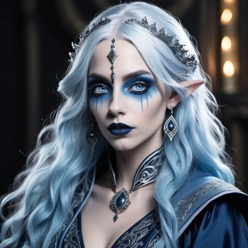 Prompt: Drow bard with long light blue hair, piercing light blue eyes, wearing a dark blue robe with silver embroidery, pale blue skin, blue eyeshadow, dark blue lips