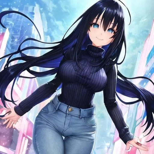 Prompt: Detailed anime illustration of a cheerful female, blue turtleneck sweater, long blue jeans, wide black hair with ahoge, red cheeks and nose, pinkish skin, small-medium chest, bright blue eyes, smiling, highres, anime, detailed eyes, blue tones, casual style, cheerful expression, professional, atmospheric lighting