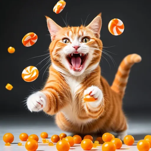 Prompt: Happy orange cat playing with falling candies.