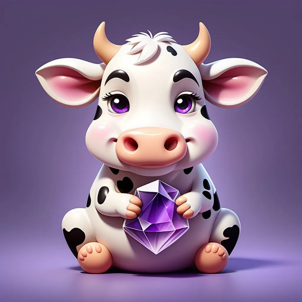 Prompt: Create an image of a cute cartoon like cow hugging a pretty piece of amethyst crystal.