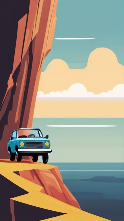 Prompt: make an illustration of a car driving off a cliff