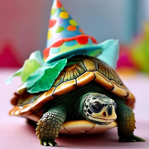 Prompt: A cute turtle with a birthday hat 