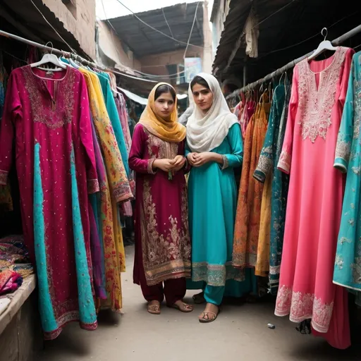 Prompt: A bustling local pakistani 
market where vibrant clothes are displayed at a local shop with a few prominent dresses,  A modest girl's mother’s designs are prominently featured. 
