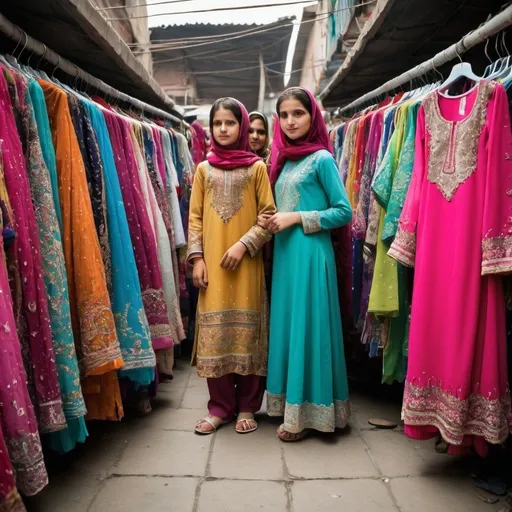 Prompt: A bustling local pakistani 
market where vibrant clothes are displayed at a local shop with a few prominent dresses,  A modest girl's mother’s designs are prominently featured. 
