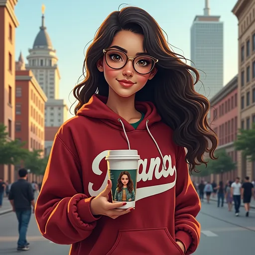 Prompt: Create a detailed 3d realistic illustration of a beautiful young Mexican lady , brats eye long wavy hair. he wear golden & black matel frame glasses,s he wear should be hoodi ,jeans jersey shirt and a girl on the cup top., hold the city of indianapolis in your hand