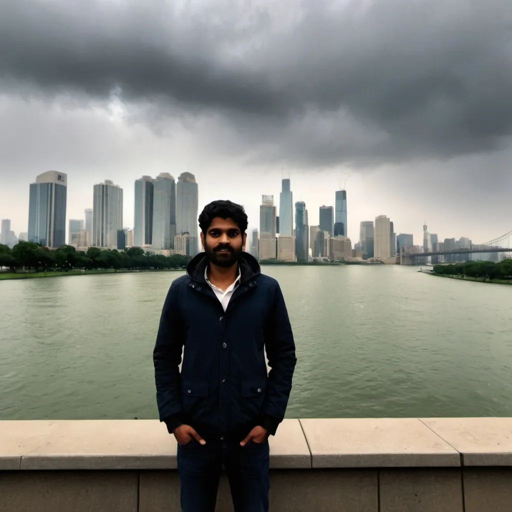 Prompt: a man standing in front of a body of water with a city in the background on a cloudy day, Anthony Devas, samikshavad, jayison devadas, a picture