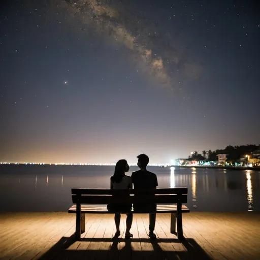 Prompt: A young couple sits on a bench on the boardwalk in the Poalim neighborhood, looking at the stars