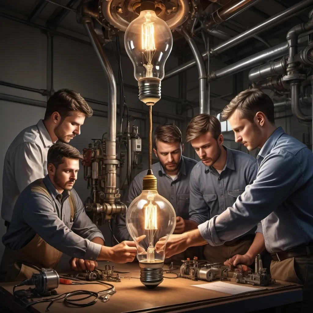 Prompt: Realistic illustration of engineers working inside a light bulb, intricate details, realistic lighting and shadows, high quality, professional, engineering, teamwork, industrial setting, intricate machinery, focused expressions, warm lighting, realistic illustration