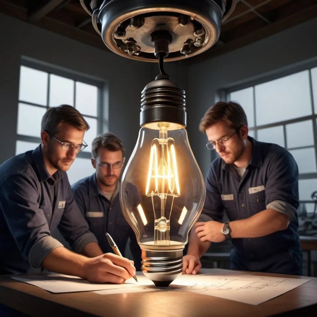 Prompt: Realistic illustration of engineers working inside a light bulb, intricate details, realistic lighting and shadows, high quality, professional, engineering, teamwork, industrial setting, intricate machinery, focused expressions, warm lighting, realistic illustration