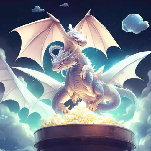 Prompt: white chibi Dragon with popcorn celestial space watching TV show , epic cinematic BG, hyper detail, hyper quality,hyper detail equipment, 8k, Accurate Animal Anatomy, Enchant Color, Dynamic Lighting