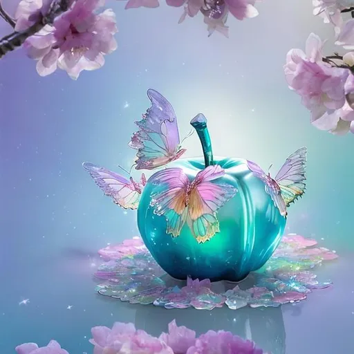 Prompt: Visualize an ethereal opalescent crystal apple with soft pastel blue and pink intertwining butterflies fluttering gently inside, their wings reflecting the light, creating a serene, mirrored effect that surrounds a tranquil crystal water surface with cherry blossoms as the backdrop. Blue, pink, and iridescent glitter combine for a whimsically magical scene
