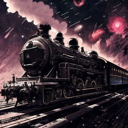 Prompt: a steam train travelling through the galaxy, insanely detailed , fine lines , screen splash , amazing , cinematic