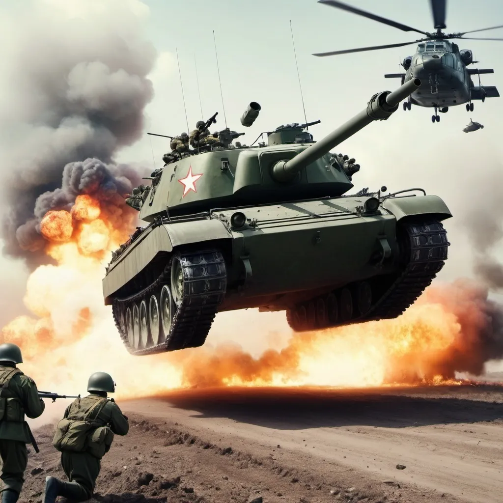 Prompt: A nuke killing an army of Russian troops. A tank is in the air and a helicopter is attached to the tank