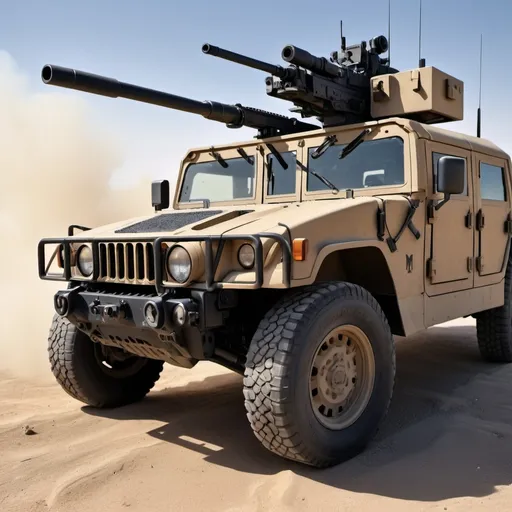 Prompt: (M134 mini gun mounted on a Humvee), military vehicle, intricate details, high depth colors, dynamic lighting, realistic textures, photorealistic, action cinematography style, high contrast, gritty atmosphere, dramatic shadows, desert background, dust clouds, intense focus, HD, 4K, ultra-detailed, seen from a low angle, showing the full body of the Humvee and the M134 mini gun, detailed weaponry, tactical ambiance